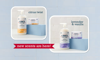 Two panels show Kirk’s 3-in-1 cleanser and bar soap in Citrus Twist (left) and Lavender & Vanilla (right). A red banner at the bottom reads, “new scents are here!” in white text.
