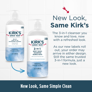 Two bottles of Original Fresh Scent - 3-in-1 Cleanser with updated and original labels are displayed side by side. The text highlights that the formula—featuring Non-GMO Coconut Oil and Kirk’s Original Fresh Scent—remains the same; only the bottle labels have received a refreshed look.