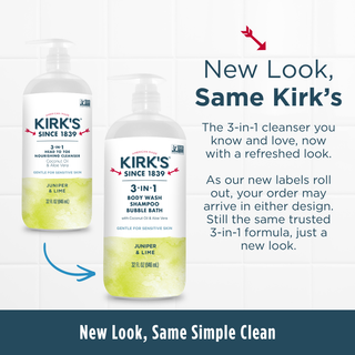 Two bottles of Kirk’s Juniper & Lime - 3-in-1 Cleanser with different label designs are shown. Text highlights, “New Look, Same Kirk’s,” assuring customers that the formula remains unchanged despite the updated packaging. Whether you love a sensitive skin cleanser or prefer a refreshing body wash, you can trust that your favorite Juniper & Lime - 3-in-1 Cleanser formula is still inside.