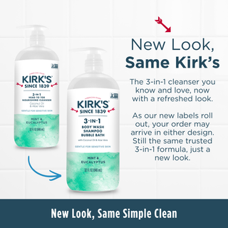 Two bottles of Mint & Eucalyptus - 3-in-1 Cleanser are displayed, featuring new and original packaging. The text notes that it’s the same trusted formula—perfect as a nourishing body wash or gentle shampoo for sensitive skin—now available in refreshed and classic labels.