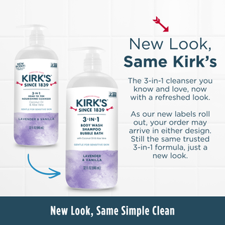 Two bottles of Kirks Lavender & Vanilla - 3-in-1 Cleanser are displayed, showcasing both the previous and updated label designs. A text box highlights the refreshed look, assuring that those with sensitive skin can continue to rely on the same gentle formula.