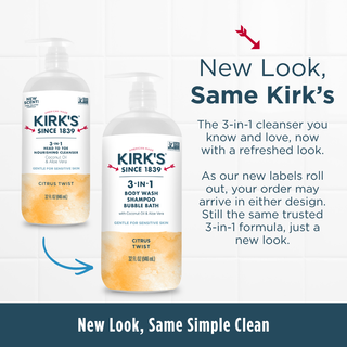 Two bottles of Citrus Twist - 3-in-1 Cleanser are displayed: the old design on the left and the new design on the right, showcasing a refreshed look while emphasizing that the formula, enriched with Coconut Oil, is unchanged. The text highlights: New Look, Same Citrus Twist - 3-in-1 Cleanser.