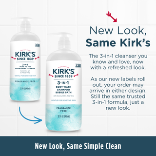 Two bottles of Fragrance Free - 3-in-1 Cleanser, one featuring the old label and the other displaying the new design, are presented side by side to showcase the updated look while reassuring that the gentle formula—made with coconut oil and ideal for sensitive skin—remains unchanged.