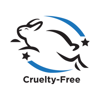 A stylized black and white illustration of a leaping rabbit above the words Cruelty-Free, with two blue curved lines and two black stars forming a partial circle around the rabbit.