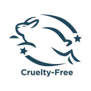 A minimalist blue outline of a leaping rabbit surrounded by two stars and curved lines, with the text Cruelty-Free below, symbolizing that the product is not tested on animals.