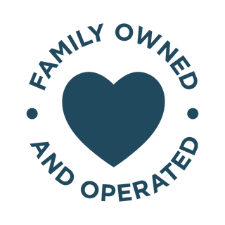 A blue heart is centered with the words “Family Owned and Operated” encircling it in bold, capital letters. Two dots separate the upper and lower text. The background is light gray.