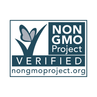 The Non-GMO Project Verified logo featuring a butterfly on a green leaf, with the words NON GMO Project VERIFIED and the website nongmoproject.org.