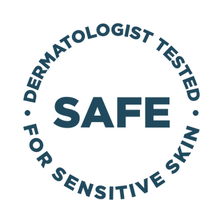 A circular badge with the words DERMATOLOGIST TESTED FOR SENSITIVE SKIN around the edge and the word SAFE in bold letters in the center.