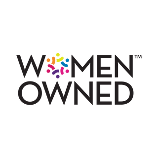 The image displays the words Women Owned in bold black letters, with a colorful circular design made of abstract human figures forming the letter O in Women.