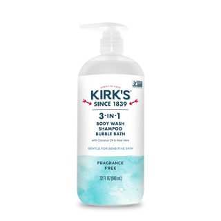 A 32 fl oz pump bottle of Fragrance Free - 3-in-1 Cleanser for sensitive skin, used as body wash, shampoo, and bubble bath. Contains coconut oil and aloe vera. The label is mostly white with blue accents.