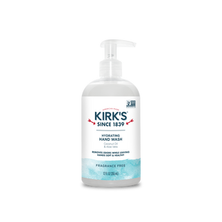 A clear pump bottle of Fragrance Free - Hydrating Hand Wash with a white label, blue accents, and text highlighting its coconut water formula, odor removal, and suitability for sensitive skin. Contains 12 fl oz (355 ml).
