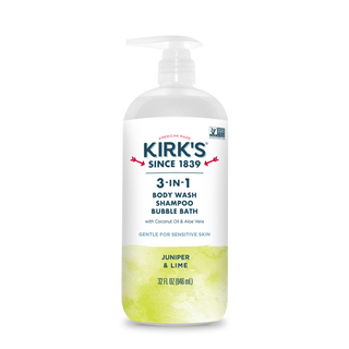 A clear bottle of Juniper & Lime - 3-in-1 Cleanser with a pump dispenser. The label features “juniper and lime,” notes coconut oil and aloe vera, and highlights that it’s suitable for sensitive skin.