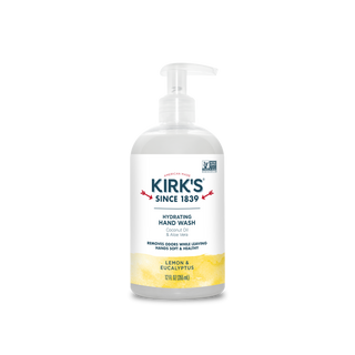A clear pump bottle of Lemon & Eucalyptus - Hydrating Hand Wash features a white label with blue and yellow accents, product details, and an effective odor neutralizer formula.