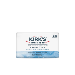 A 4 oz (113g) bar of Original Fresh Scent - Castile Bar Soap in white and blue packaging, made with 100% premium non-GMO coconut oil, gentle for sensitive skin, established in 1839.