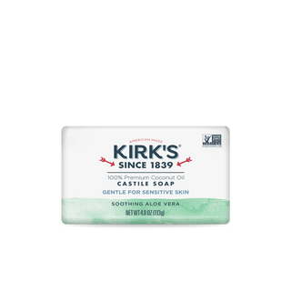 A 4 oz (113g) bar of Soothing Aloe Vera - Castile Bar Soap in white packaging with blue and green text, made with non-GMO Coconut Oil, labeled 100% Premium Coconut Oil, gentle for sensitive skin, and features soothing aloe vera.